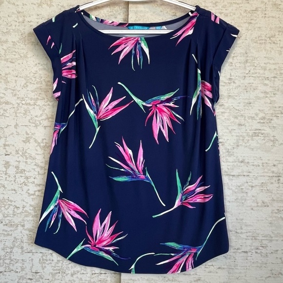Tori Richard Hawaiian Top Tropical Palm Leaf Sz S Blue Pink Vacation Resort - Picture 1 of 15
